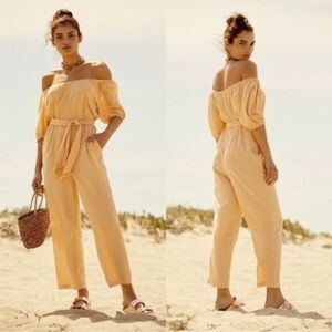 Free People Nalani Linen/Cotton Off-Shoulder Jumpsuit Soft Peach/Light Orange XS
